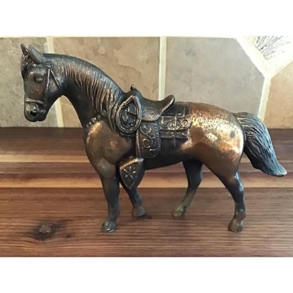 Vintage Cast Metal Saddled Horse Figurine Western Copper Tone Statue 6.5 Inch